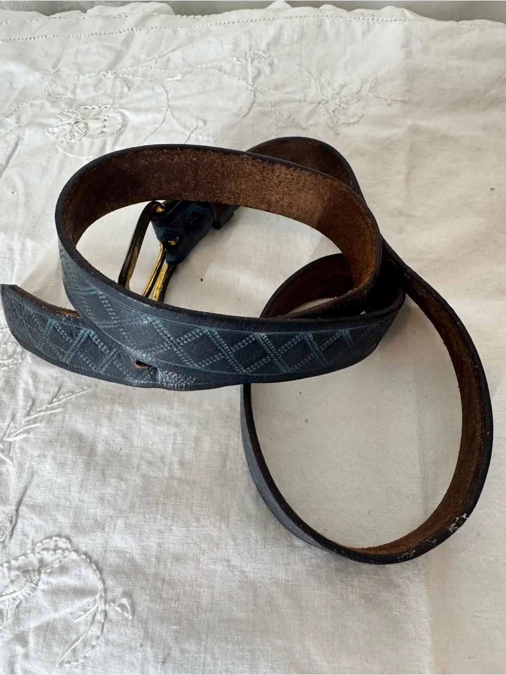 Vintage Blue Textured Leather Belt with Antique Buckle